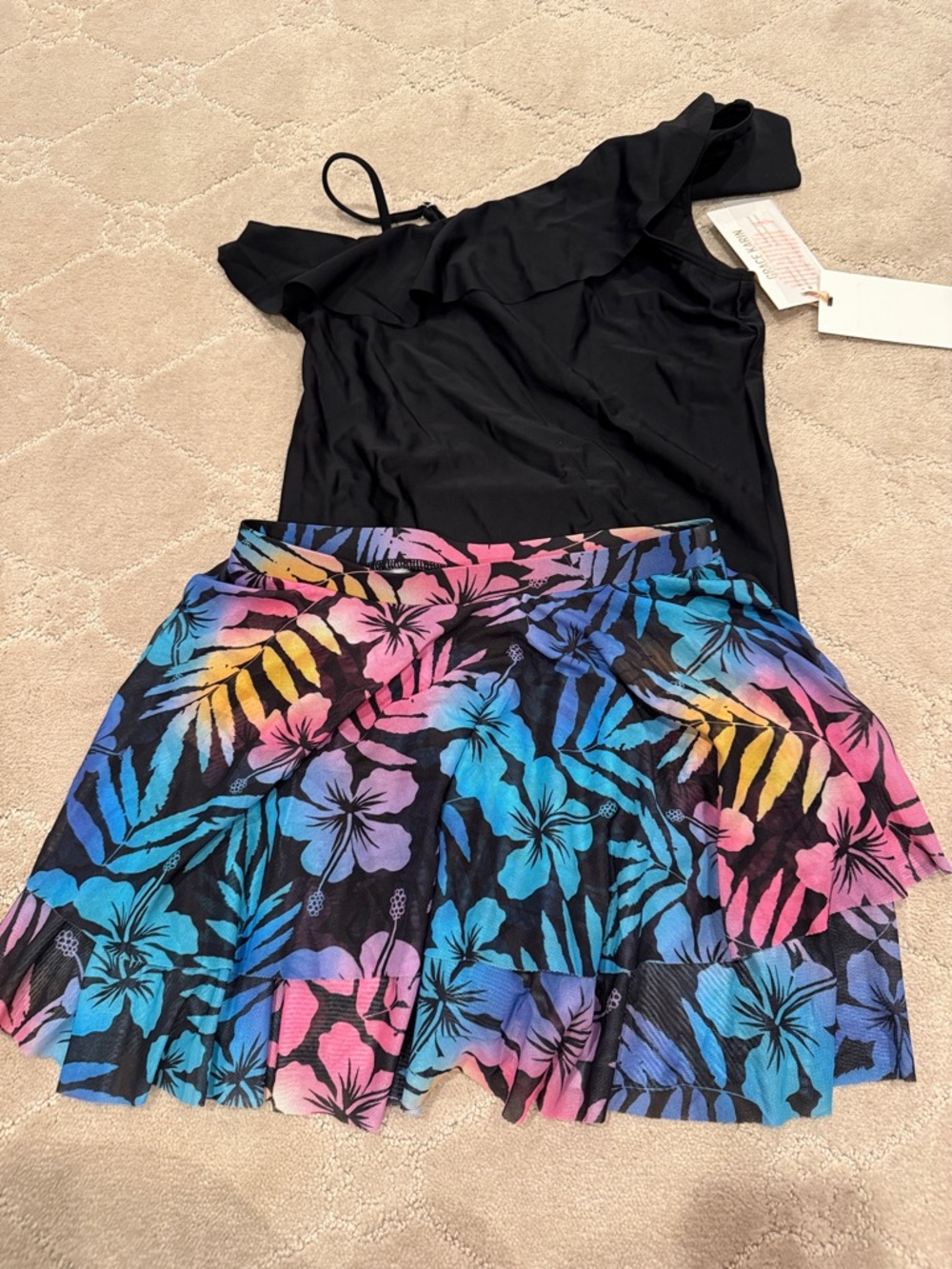 Black One-Shoulder swimsuit with Rainbow Floral Skirt NWT 12Y